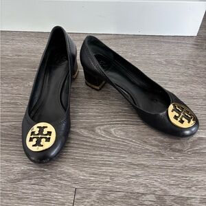 Tory Burch Black Heels with Gold Emblem